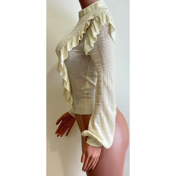 Chloe Knit Sweater Size S Vanilla Ice Ruffle Puff Sleeve MOP Buttons Mock Neck - Picture 4 of 16